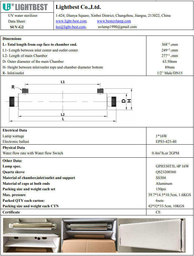 Esterilizador de agua ultravioleta de 2 gpm con interruptor de flujo de agua para tratamiento de agua con lámpara ultravioleta de 16 w