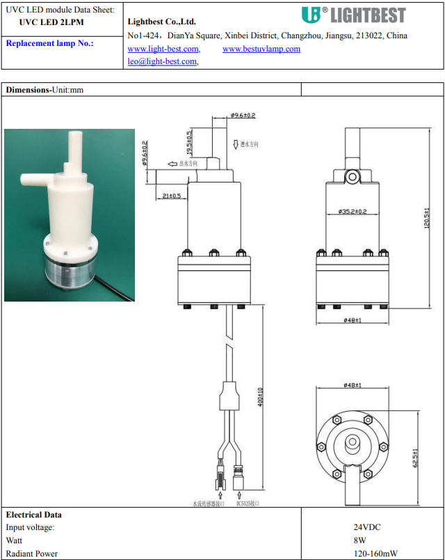 LED UVC para purificación de agua con longitud de onda de 275 nm.